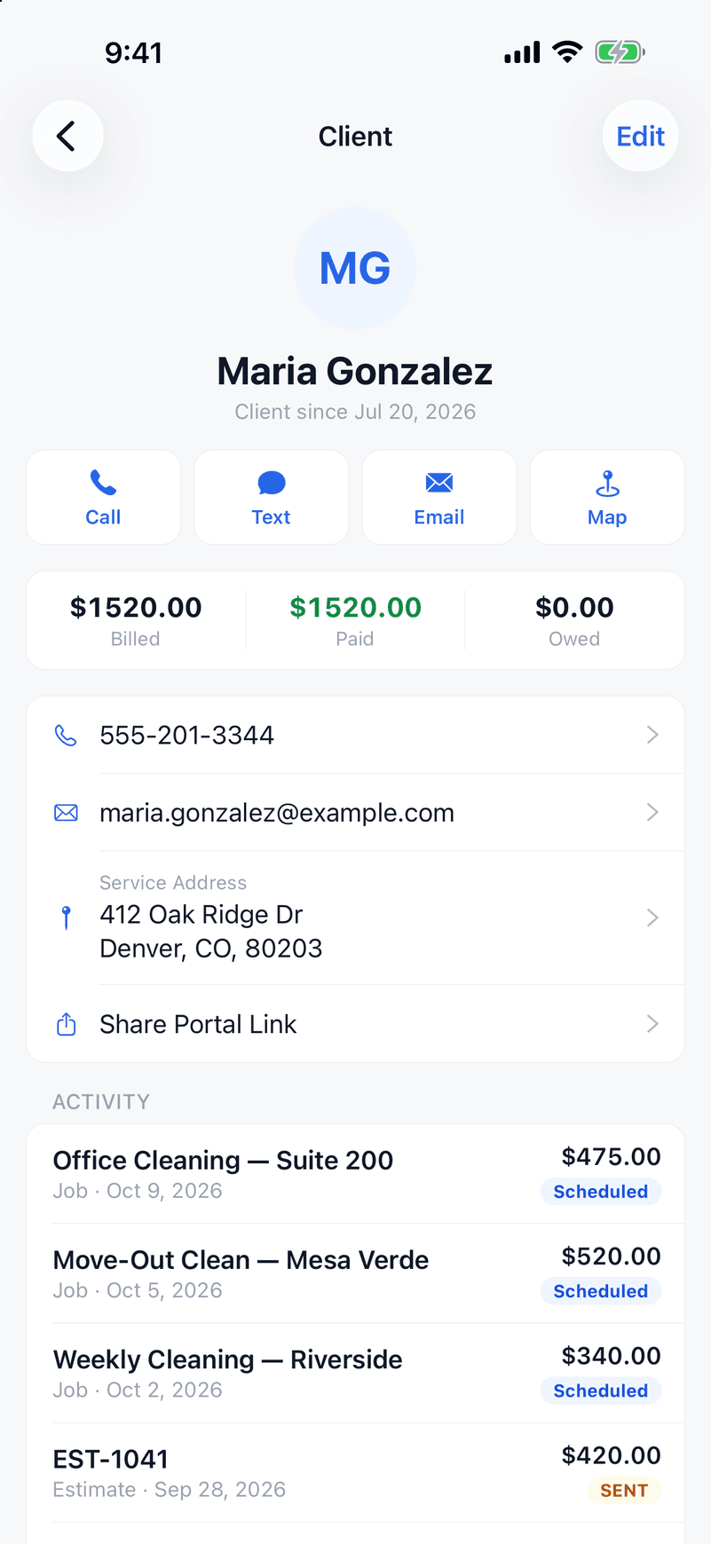 ValLedger app client screen for Maria Gonzalez with billed, paid and owed totals and recent jobs