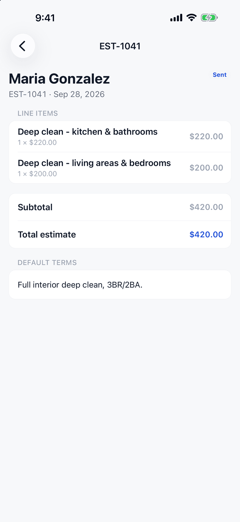 ValLedger app estimate EST-1041 with line items and a $420 total, marked Sent