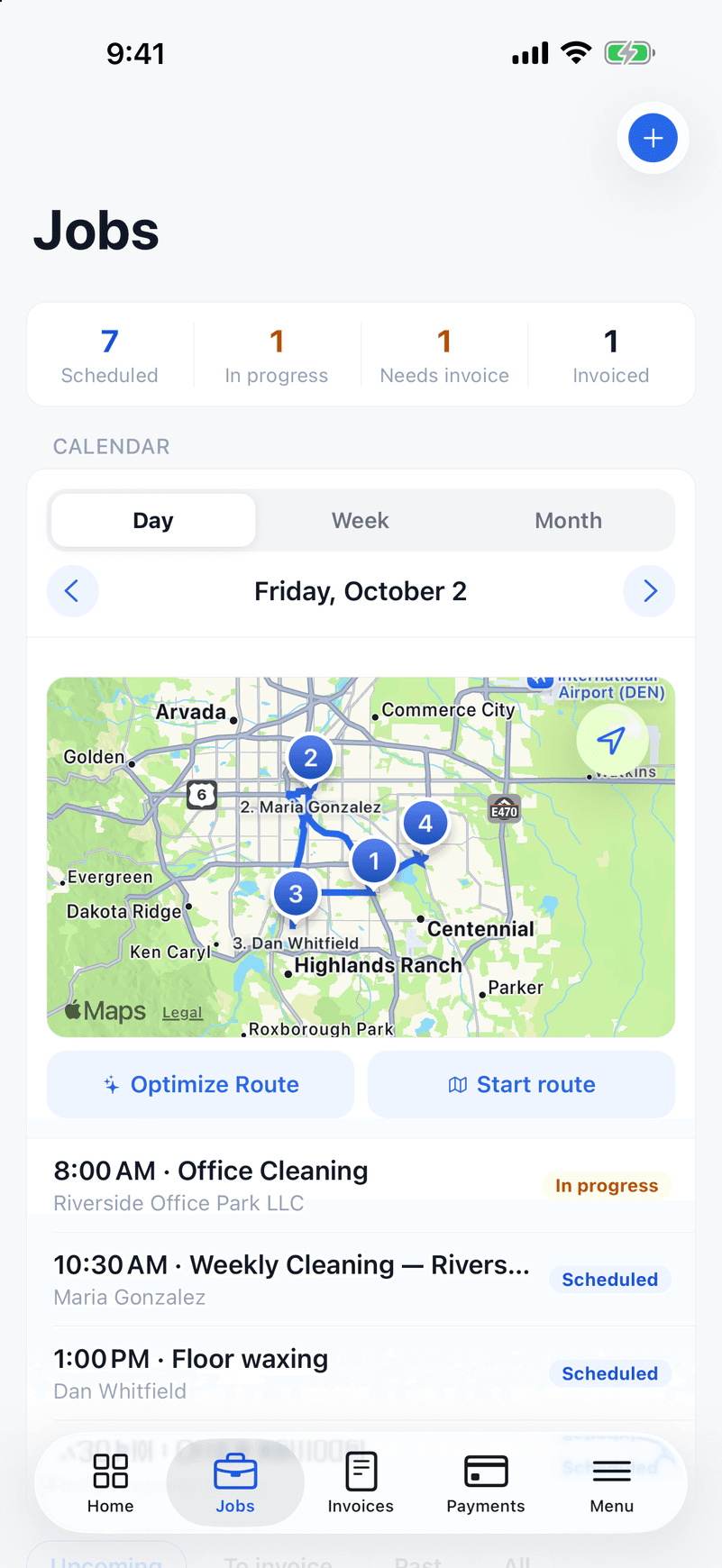 ValLedger app jobs screen with a map of the day's numbered stops and an Optimize Route button
