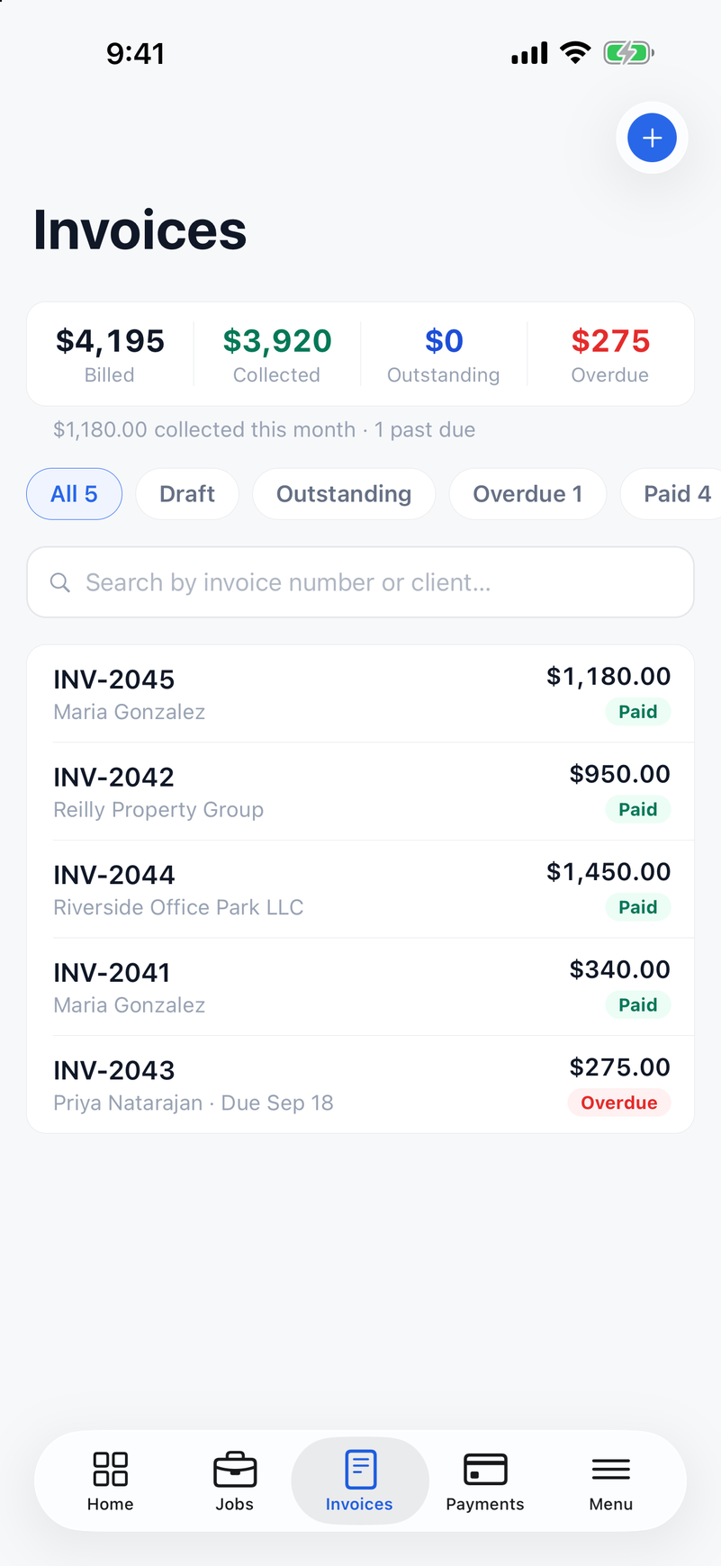 The ValLedger Invoices screen on iPhone showing $4,195 billed, $3,920 collected, $0 outstanding and $275 overdue, with four invoices marked Paid and one marked Overdue