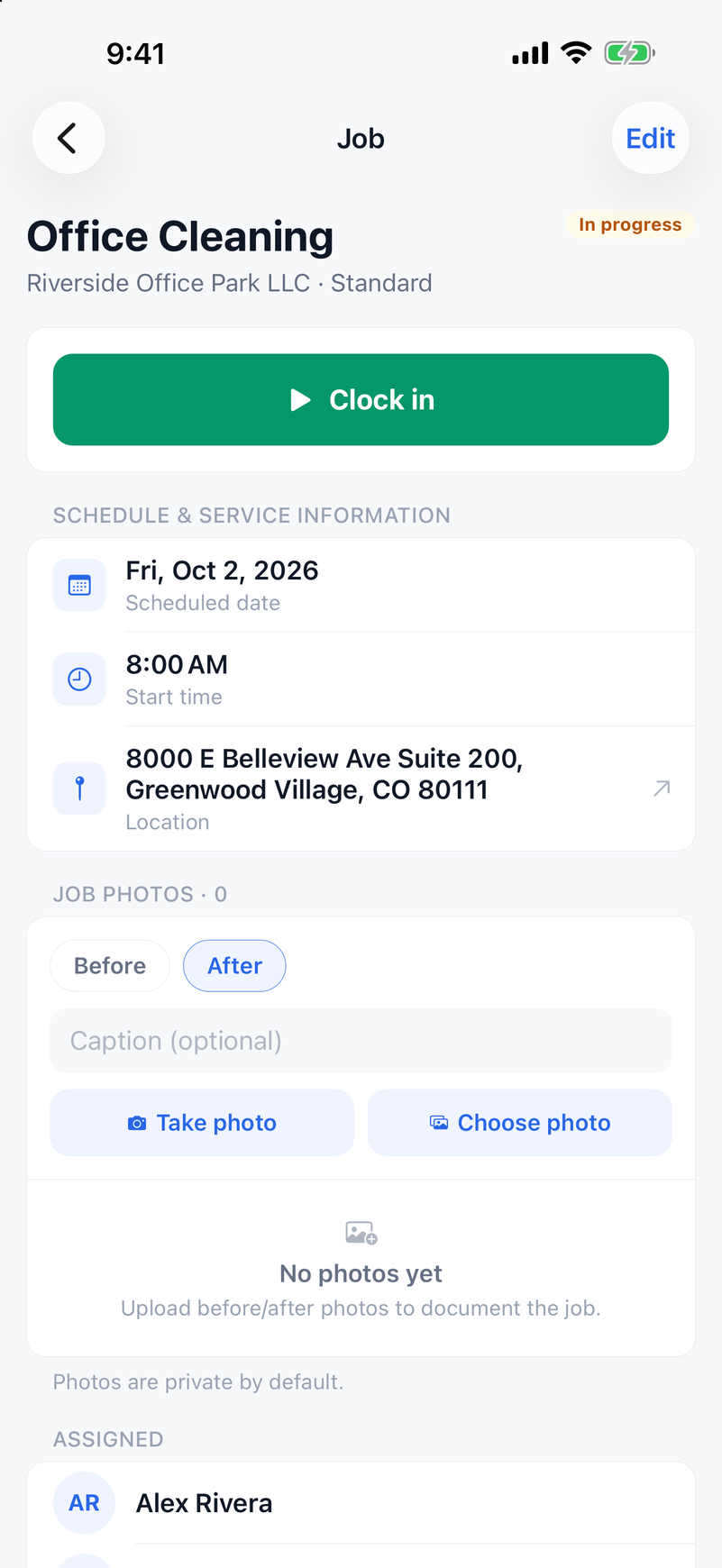 ValLedger phone app showing an Office Cleaning job with a green Clock in button, the scheduled date Fri, Oct 2, 2026, an 8:00 AM start time, and the job's street address